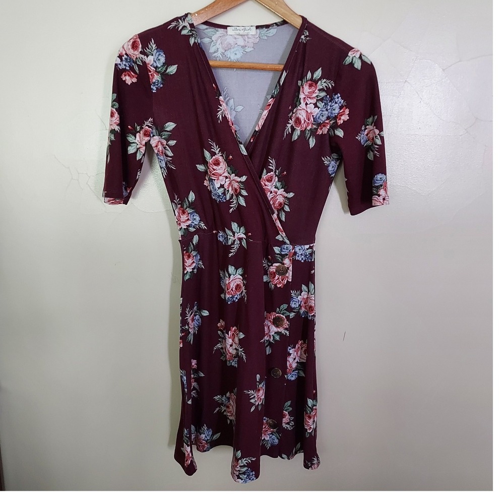 Burgundy Floral V Neck Faux Wrap Mini Dress S Cottagecore Romantic Soft Girl